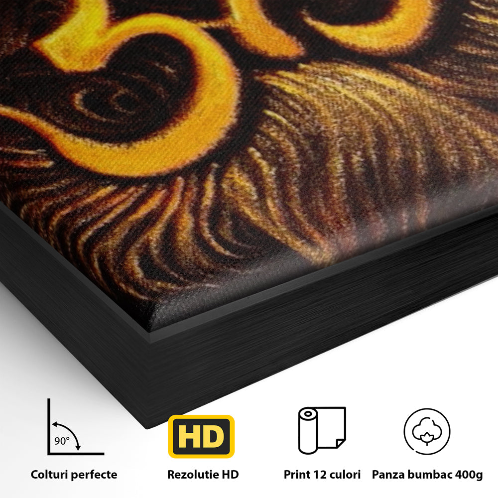 Detaliu al suprafetei: tablou canvas cu simbolul om aurit, in rama de aluminiu negru